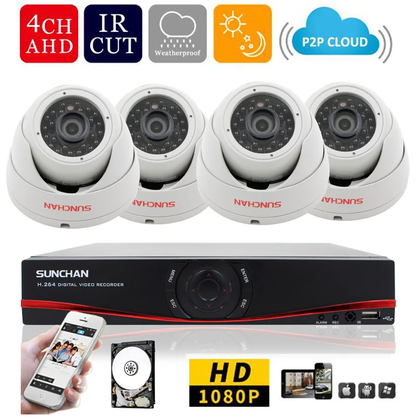 SUNCHAN 4CH Full HD 1080P 4 Channel Home Surveillance System 1920*1080P 4CH AHD DVR Kit 2.0MP CCTV Security Camera System w/ HDD