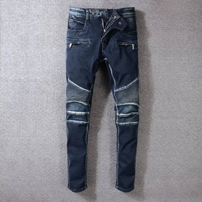 

Fashion Streetwear Men Jeans Black Blue Big Size 29-42 Slim Fit Spliced Designer Hip Hop Jeans Men Brand Motor Biker Jeans Homme