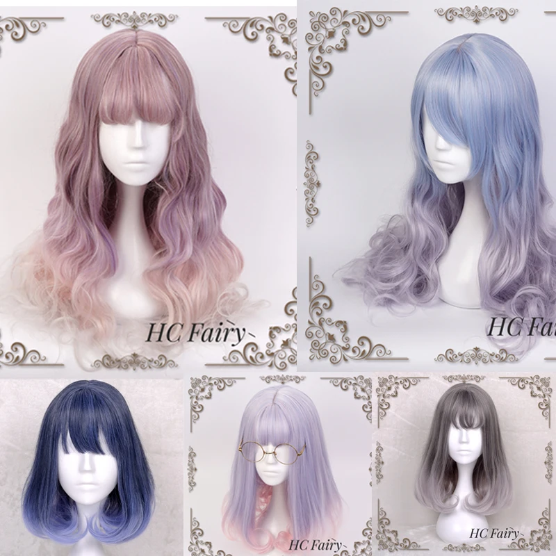 

Lolita Sweet Daily Wig Gradient Ombre Girl Bobo Short Curly Wigs Cosplay Baby Doll Princess Synthetic Hair + Wig Cap