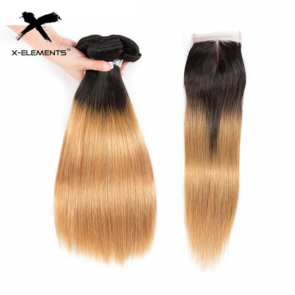 X-Element Brazilian Ombre Straight Hair Bundles With Closure T1B 27 Ombre Human Hair Weave With Closure 2 Tone Hair with Closure (2)