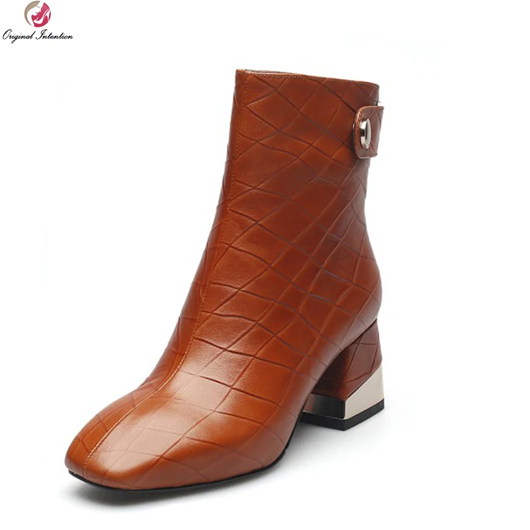 

Original Intention Gorgeous Women Ankle Boots Cow Leather Square Toe Square Heels Boots Black Orange Shoes Woman US Size 4-10.5