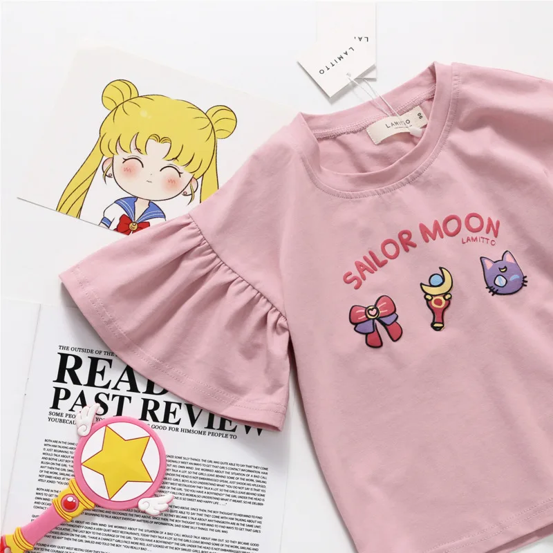 

Summer T Shirt For Girls Cotton Flare Short Sleeve T-shirt Baby Girl Sailor Moon Luna Cat Printed Tee Children Kawaii Tops 1-8Y