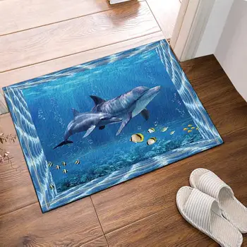 

Two Cute Dolphin Ocean Theme New Style Modern Art Bath Rugs, Non-Slip Doormat