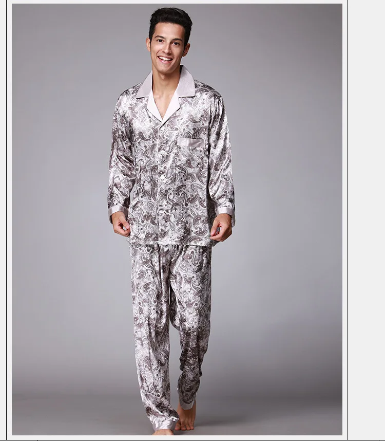 Новое поступление осень Для мужчин Повседневное Высокая искусственного шелка пижамы топы и брюки наборы lounge Домашняя одежда, ночное белье