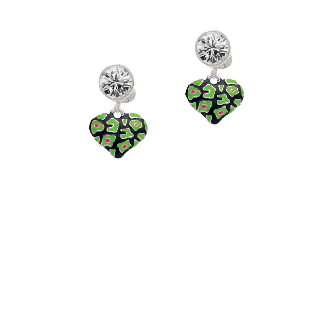 Lime Green Cheetah Print Heart Crystal Clip On Earrings (1)