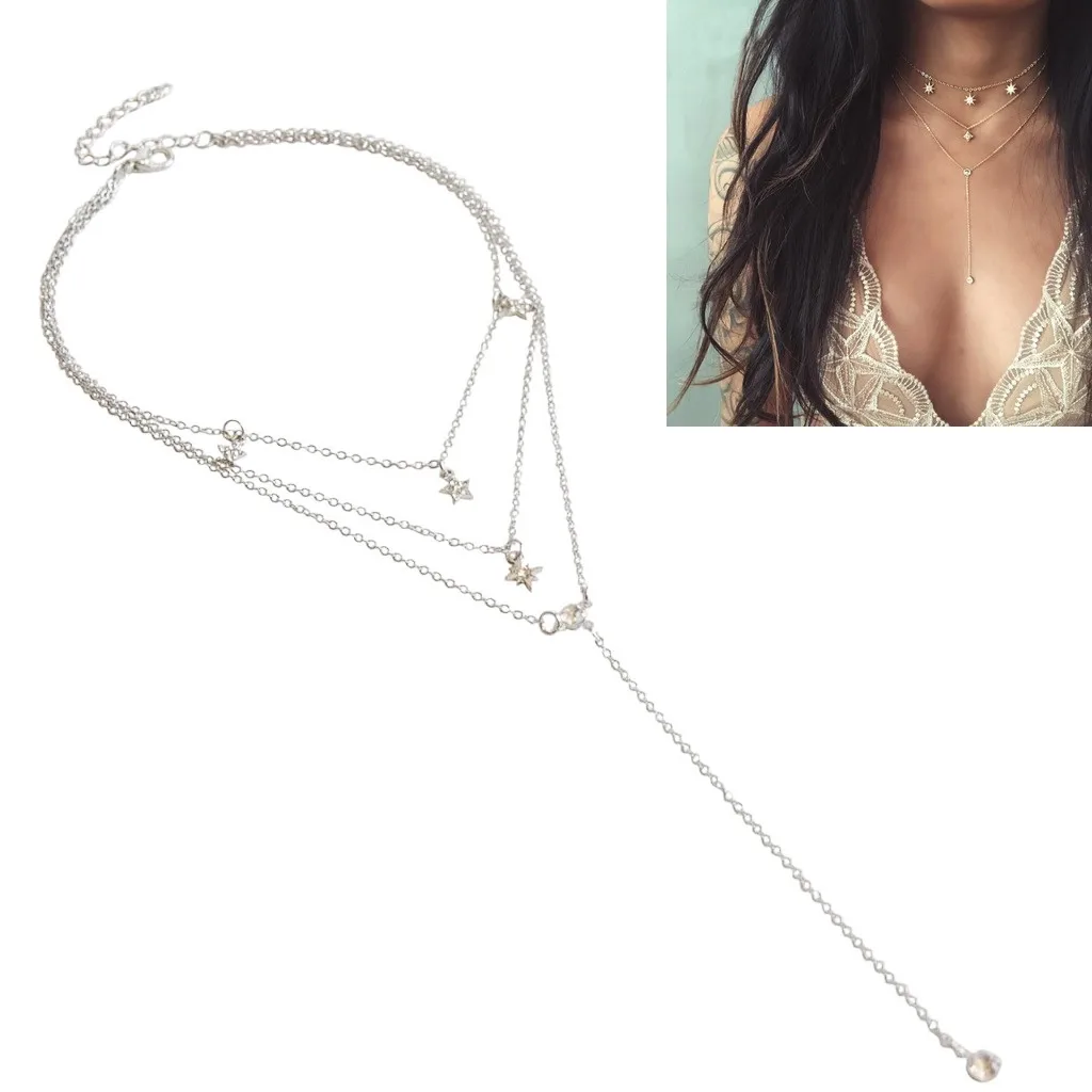 

2018 New Boho Sytle Multilayer Gold Silver Color Women Crystal Stars Drop Pendant Alloy Necklace Chain Jewelry Gift Bijoux Femme