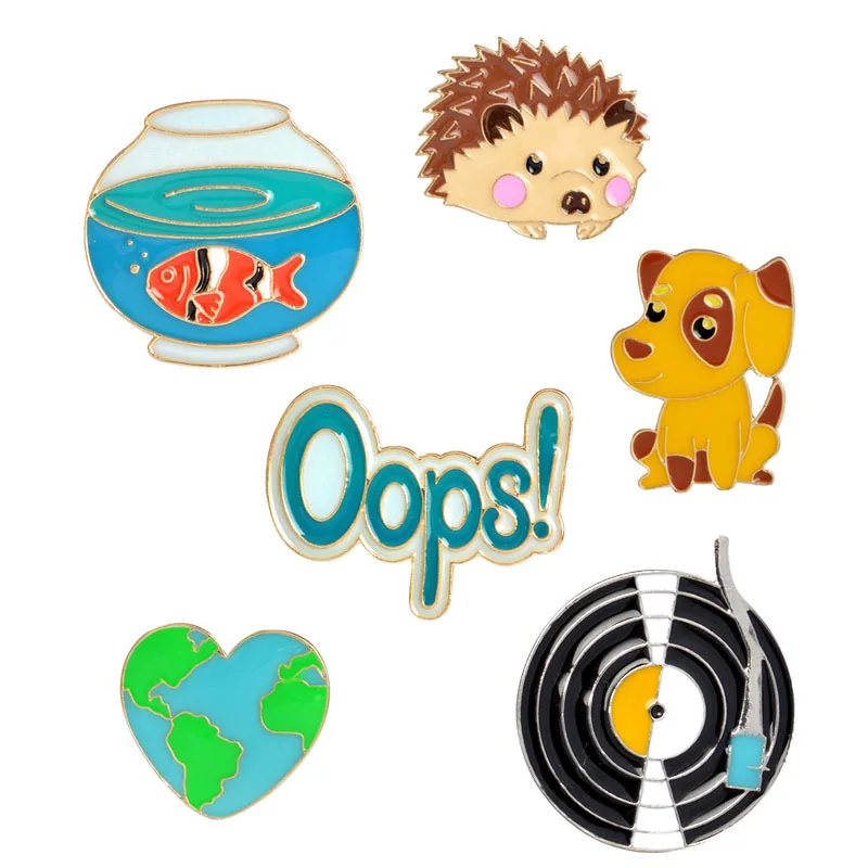 

Cute Enamel Metal Brooches Goldfish Hedgehog Dog Record Disc Letter Oops Pins Hats Clips Lovely Cartoon Gift