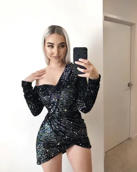 

2019 New Style Fashion Oblique shoulder Bandage Full Dress Sexy Women Sequined Night Club Evening Bodycon Mini Dresses Wholesale
