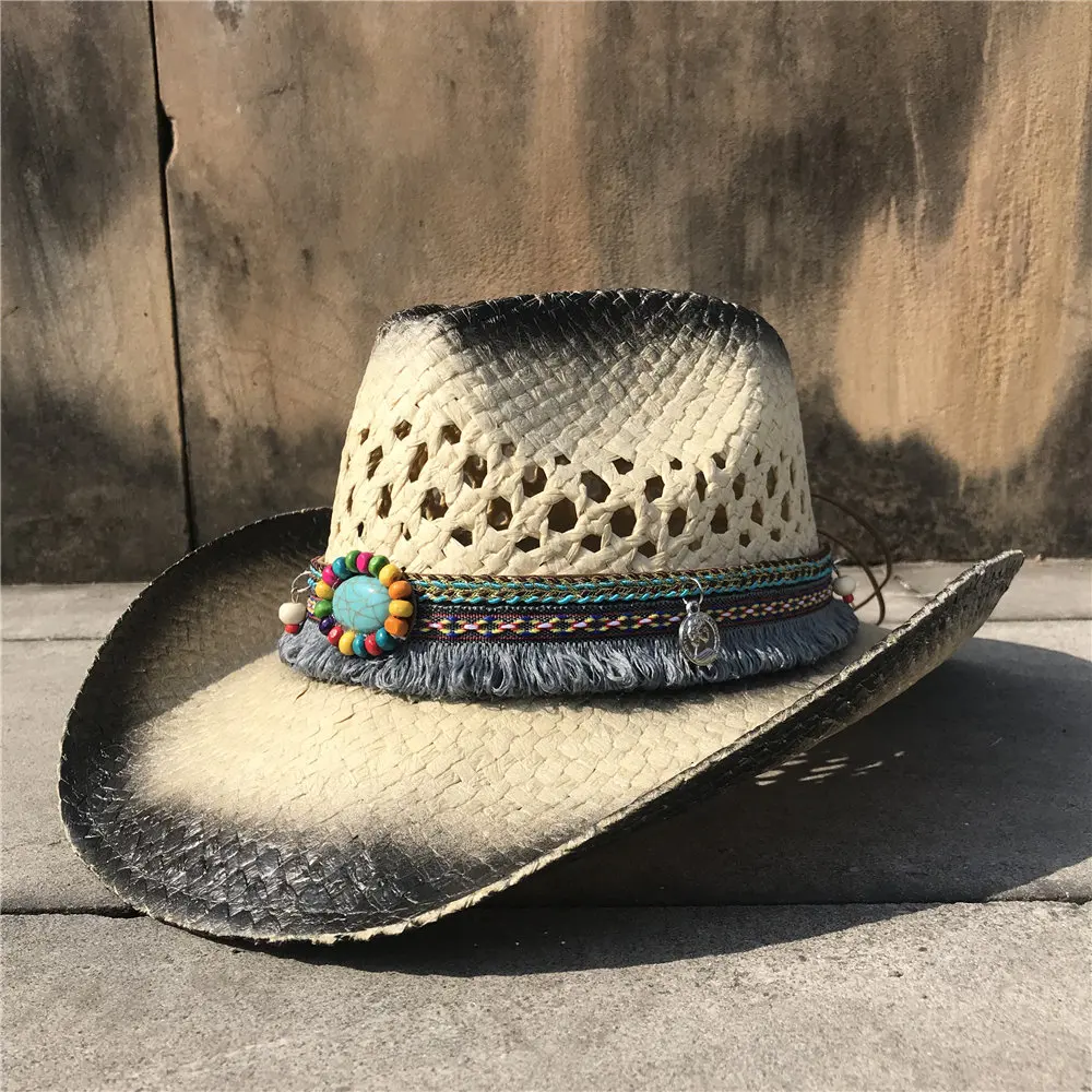 Женская открытая западная ковбойская шляпа летняя дамская шляпа Sombrero Hombre шляпа очарование кисточка Солнцезащитная шляпа - Цвет: Black HED