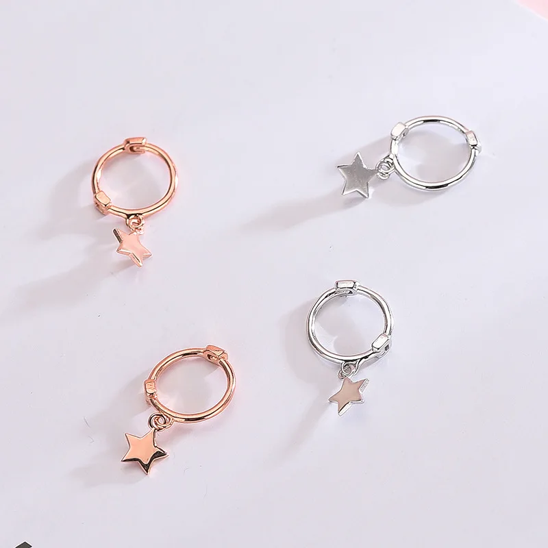 

100% Real 925 Solid Sterling Silver Tiny Small Heart/Cross/Star Charm Aros Hoop Earrings for Women Girls Fashion Silver Jewelry