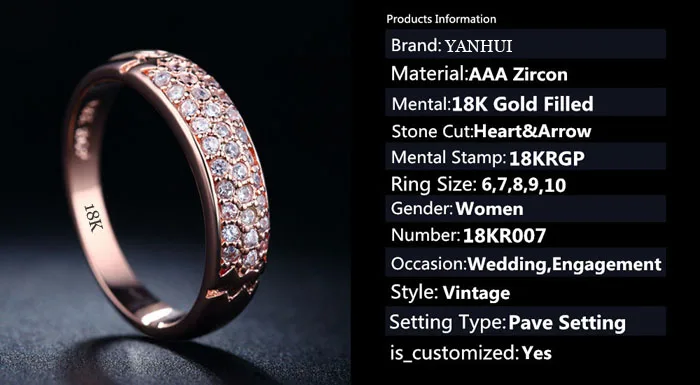 YANHUI Fine Jewelry Rings original 18KRGP Stamp Gold Filled Ring Inlay Full CZ Diamant Engagement Wedding Rings For Women JZR016