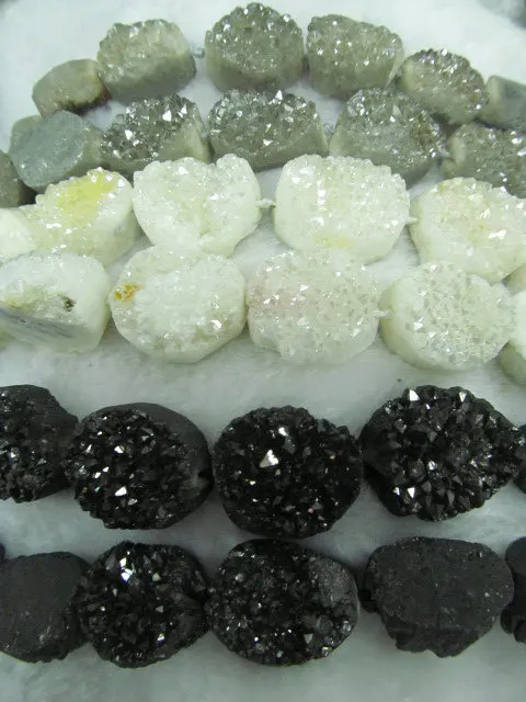 

wholesale 10-20mm full strand Genuine Duzy Drusy Agate oval egg cabochon white grey black silver mixed loose bead