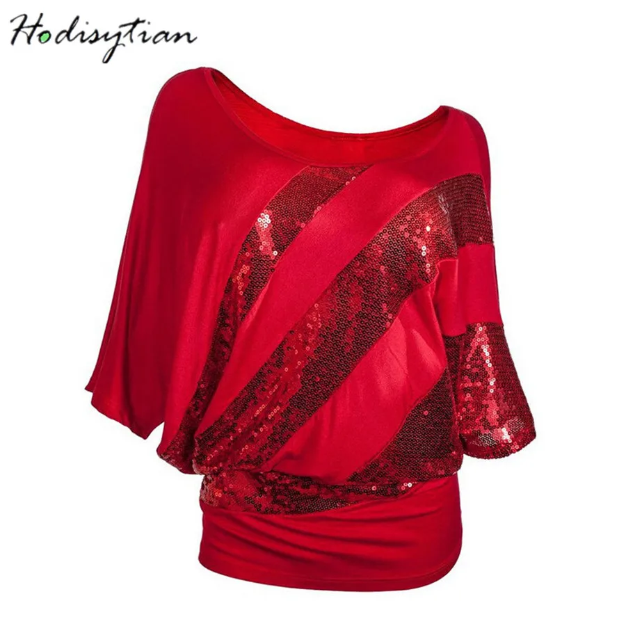 

Hodisytian Fashion Tunic Tops For Women T shirts Tops Tee Sequined Striped Batwing Sleeve O neck Casual Female Blusa Tshirt Tops