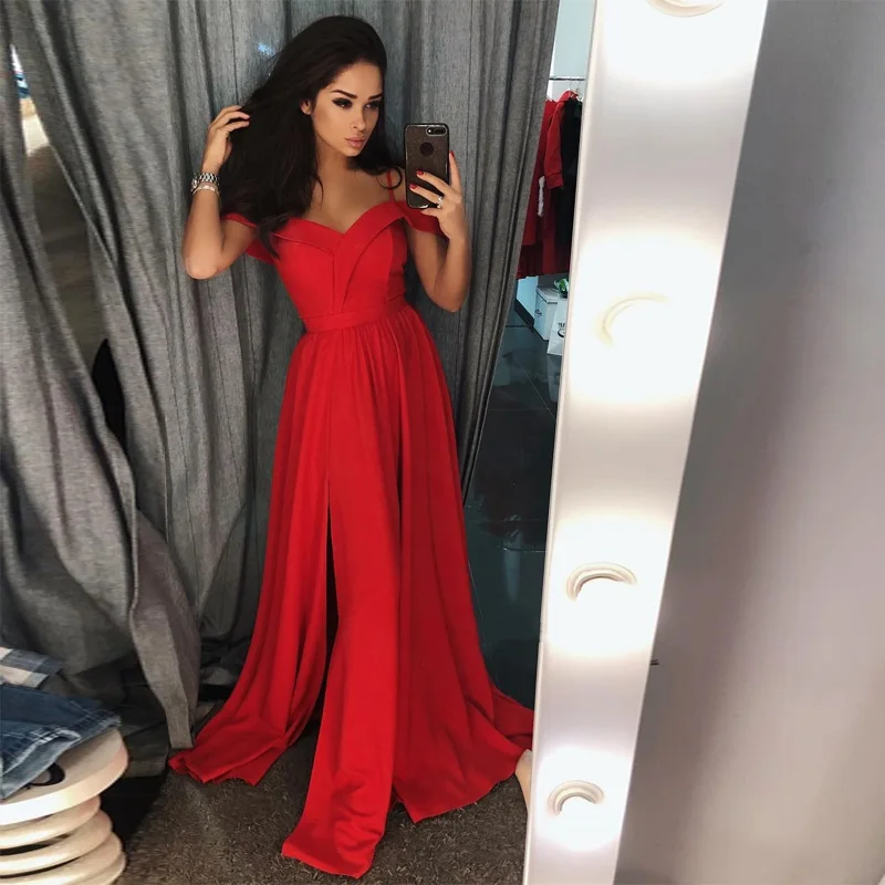 

Simple Red Long Prom Gown Off the Shoulder A Line Satin Evening Gowns Floor Length Formal Party Dresses Custom Made Real Photo