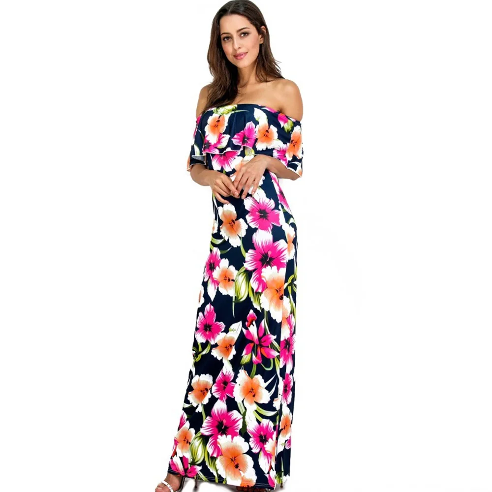 

Off Shoulder Ruffle Flower Floral Print Long Maxi Dress 2019 Summer Sundress Elegant Plus Size Bodycon Sexy Beach Party Dresses