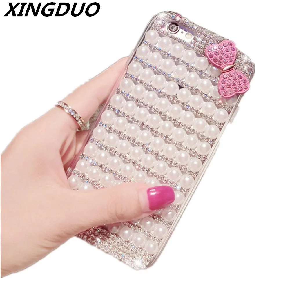 

XINGDUO Luxury Pearl Bowknot Mobile Phone Case For iPhone X 5 5s 6 6s 7 8 Plus bling Rhinestone Glitter case for iphone XR XSMAX