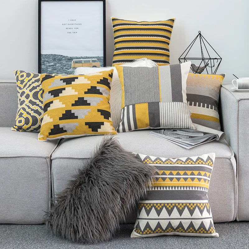 Cotton Linen Fabric Pillow Case Yellow Geometric shape Home Decor Cushion Cover 