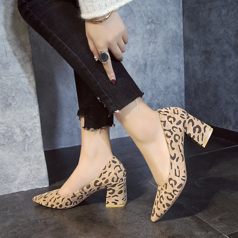 

Lucyever 2019 New Casual Leopard Women Pumps Pionted Toe Chunky High Heels Shallow Mouth Office Shoes Woman Zapatos Mujer