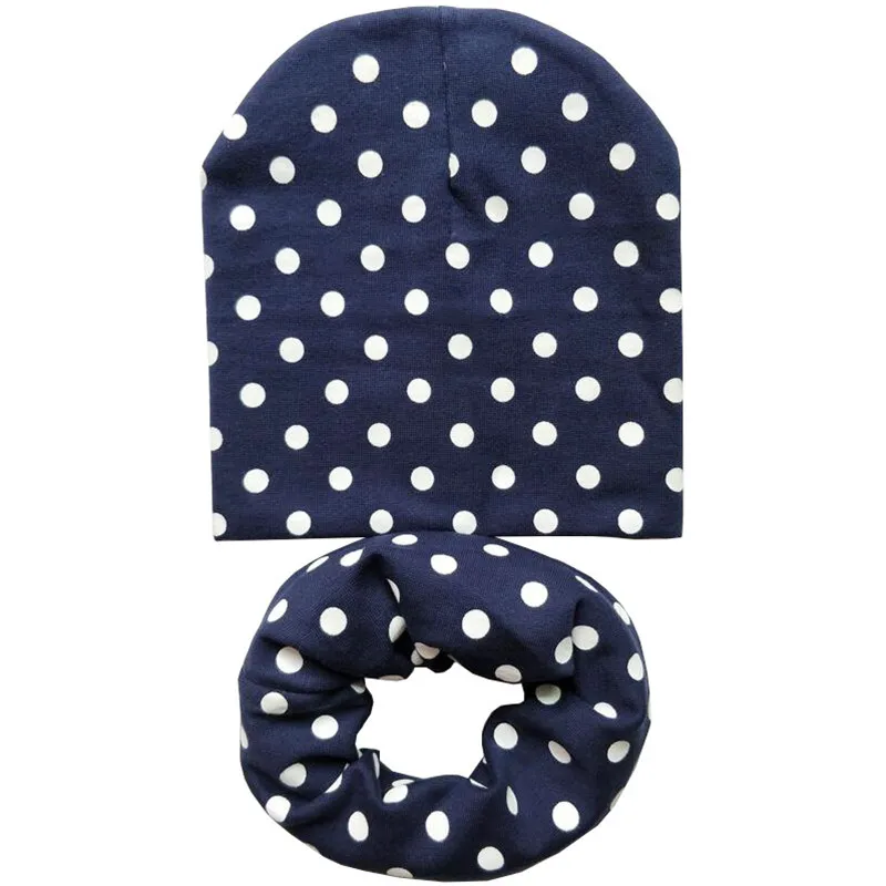 Navy Dots Set Новая осенне-зимняя детская шапка, комплект для мальчиков и девочек, шарф на шею, весенний теплый шейный платок, детские вязаные шапки, комплекты, хлопковая детская шапка, шарф - Цвет: Navy Dots Set