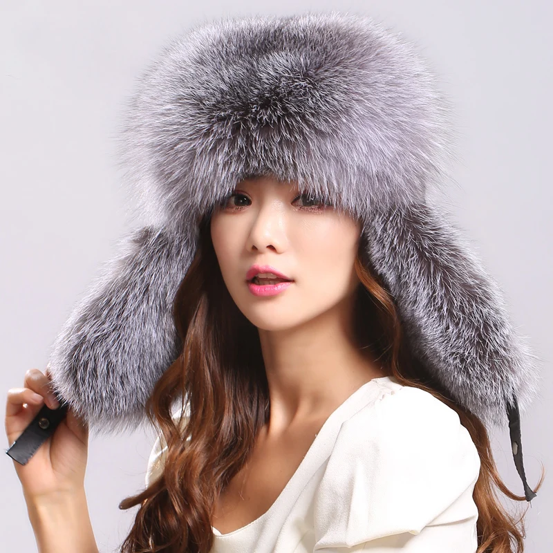 Hot Sale Real Fox Fur Hat for women winter Fox fur beanies cap with fox fur 2017 Solid New thick female cap Bomber Hats