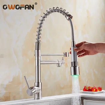 

Spring Style Kitchen Faucet Brushed Nickel Lighted Faucet Pull Out Torneira All Around Rotate Swivel Water Outlet Mixer Tap -027