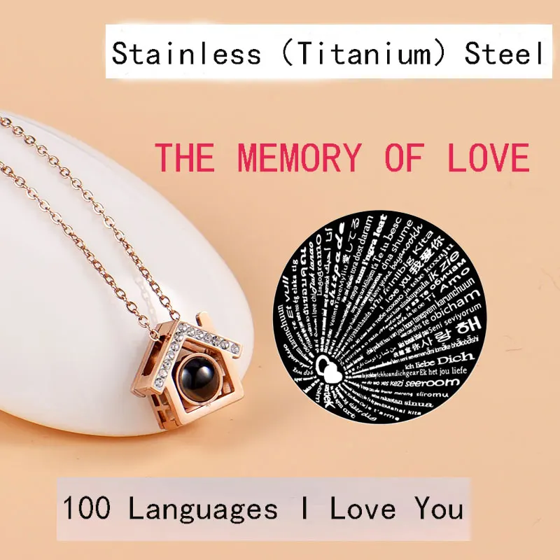 

Hot Fashion Titanium Steel Rivca Jewelry 100 Language Love Memories Gold Necklace Crystal Pendant Necklace Lover EYES Rhinestone