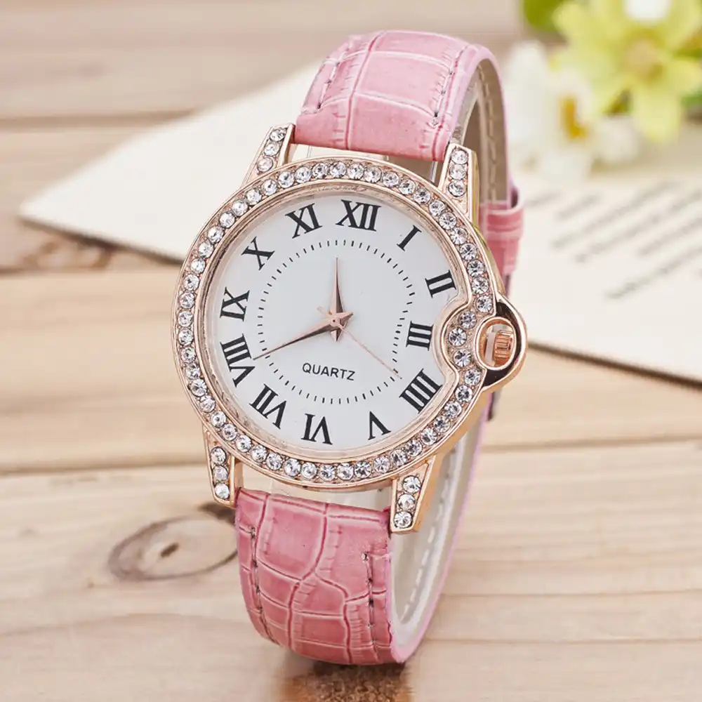 new fashion geneva women leather band stainless steel quartz analog wrist watch