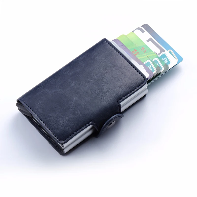 

double PU leather aluminum business Anti rfid auto wallet credit card holder minimalist slip bank metal embossed Hasp solid case