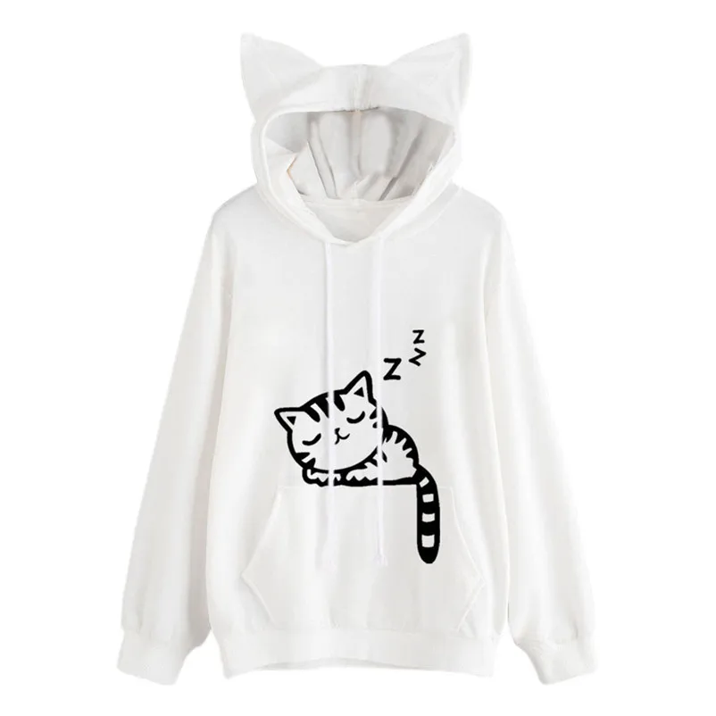 Cat Ear Hoodies Women Cute Cartoon Sleeping Cat Print Hooded Sweatshirt Casual Loose Pullover