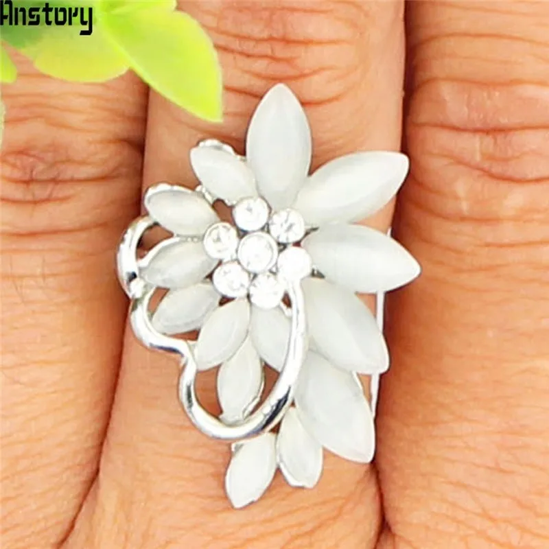 

Flower Crystal Opal Rings For Women Vintage Look Antique Silver Plated Fashion Jewelry TR700