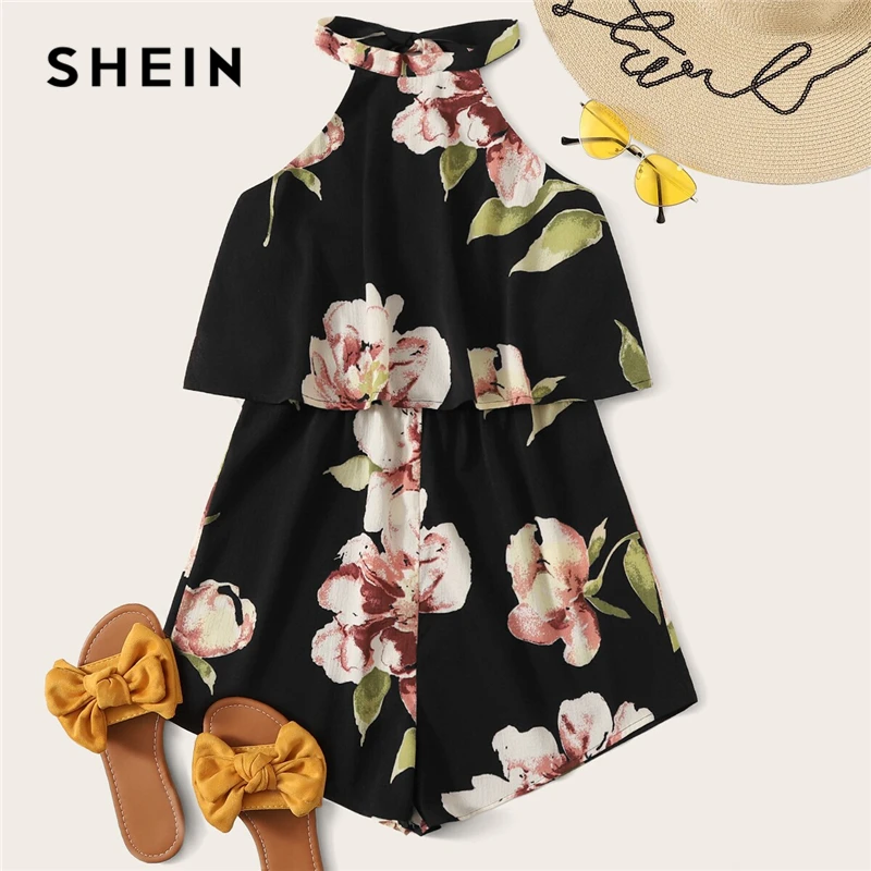 

SHEIN Black Floral Print Backless Ruffle Layered Halter Romper Women Sleeveless Tie Back Wide Leg Summer Playsuit Boho Rompers