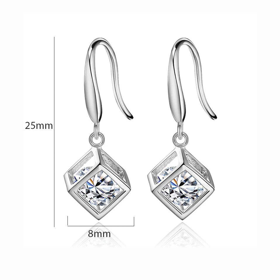 ANENJERY Love Window Zircon Squre Cube Earrings For Women 925 Sterling Silver Ear Jewelry Gift S-E904