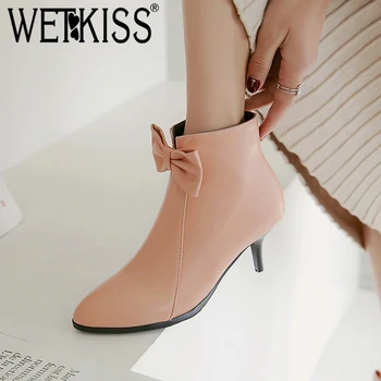 

WETKISS Butterfly Knot Women Ankle Boots Simple Thin Heel High Shoes Pointed Toe Non Slip Thermal Bootie Winter Keep Warm Shoes