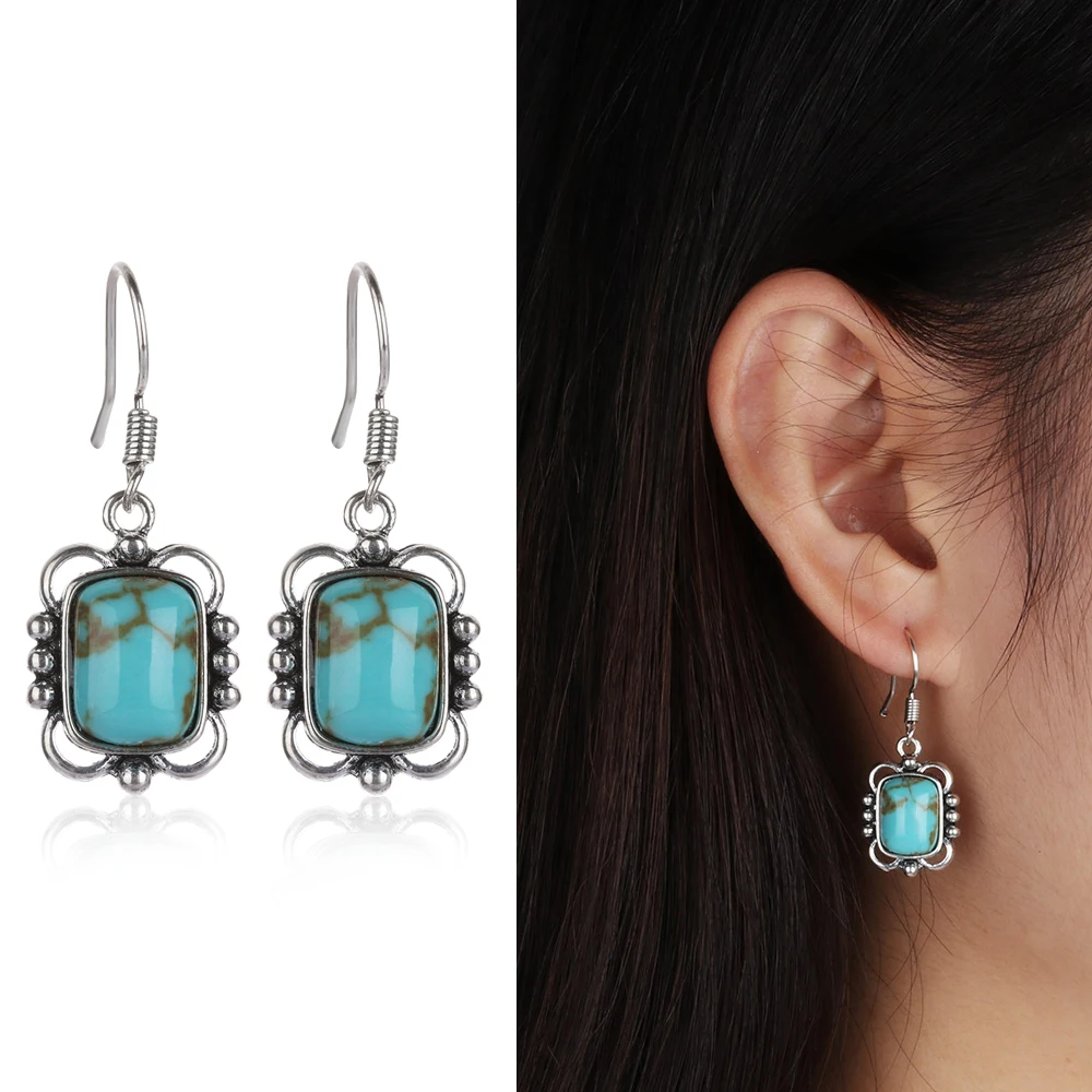 Vintage Silver Gemstone Turquoise Stud Dangled Earrings Jewelry Party Gifts