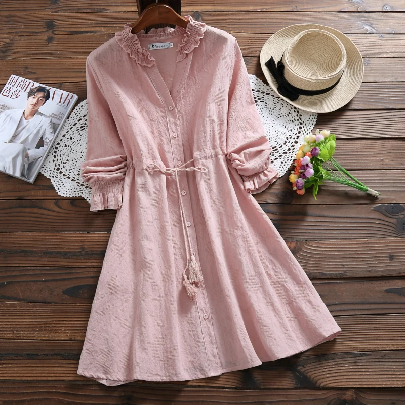 

3 Colors Mori Girl Cute Mini Autumn Dress For Women V Neck Cotton Linen Jacquard Female Vestidos Long Sleeve Tassel String Dress