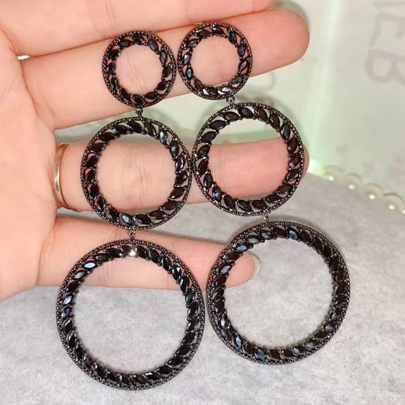 

Beautiful Bohemia Style Black Cubic Zircon Big Round Circle Women Drop Earrings For Wedding Party Jewelry Brincos