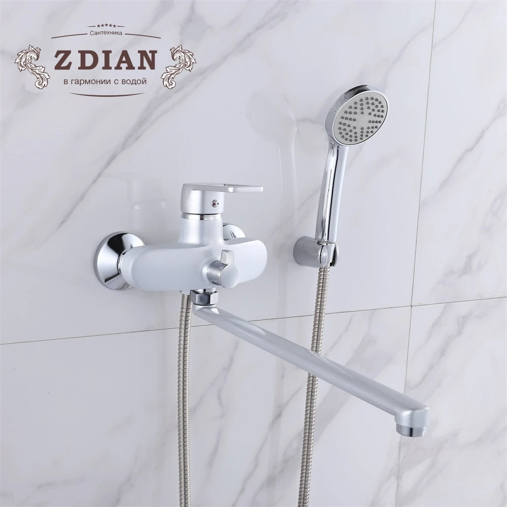 

Pearl Silver Bathroom Shower Faucets with Long Spout Set single Handle Bathtub Faucet with Hand Shower Head Wall Chromed