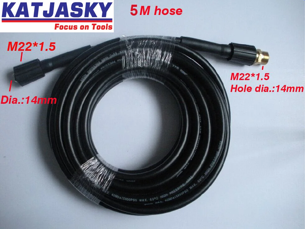 Koop Auto wasmachine slang 5 M 400Bar 5800PSI, twee uiteinden zijn M22 * 1.5mm * 14mm met gratis connector, hogedrukreiniger slang K580