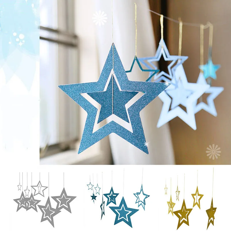 Paper Star Hanging Garland Star Shape String Banners Blue Gold Silver Christmas Banner For Party Home Wall Hanging Decoration