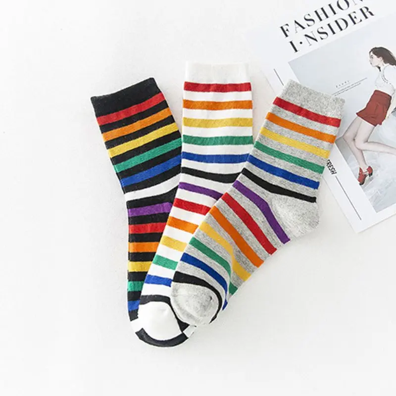 

Women Teen Girls Harajuku Rainbow Striped Crew Socks Preppy Style Hip-Hop Skateboard Cotton Novelty Sports Short Tube Hosier
