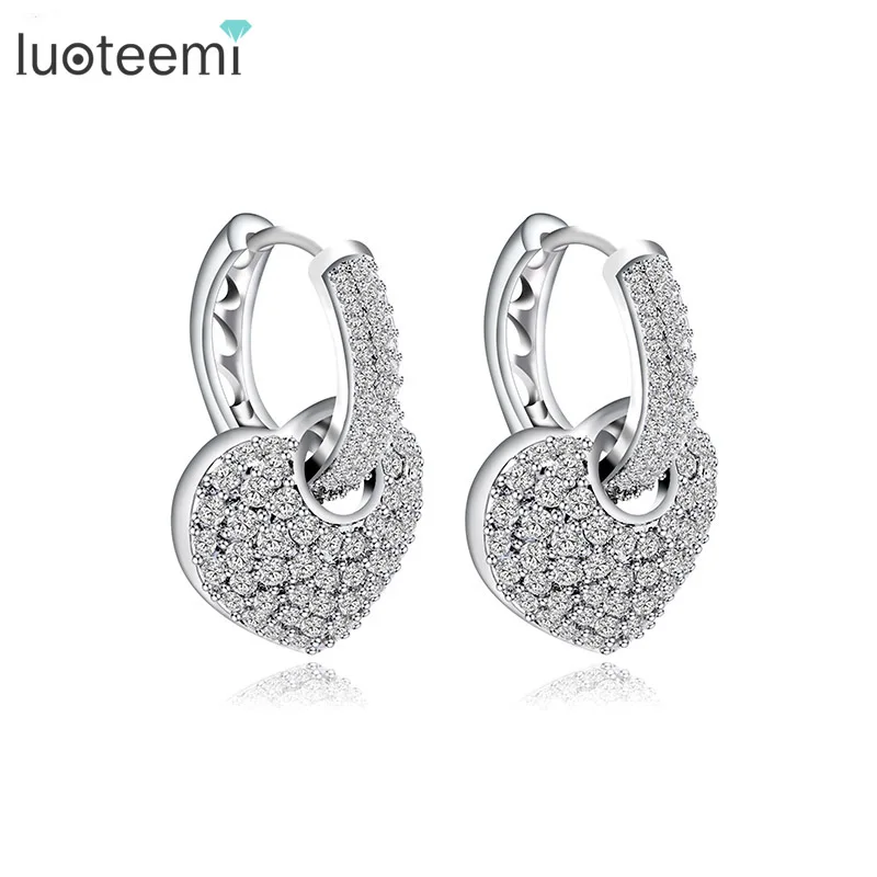 White Gold Plated Cubic Zirconia Micro Paved Heart Shaped Earrings