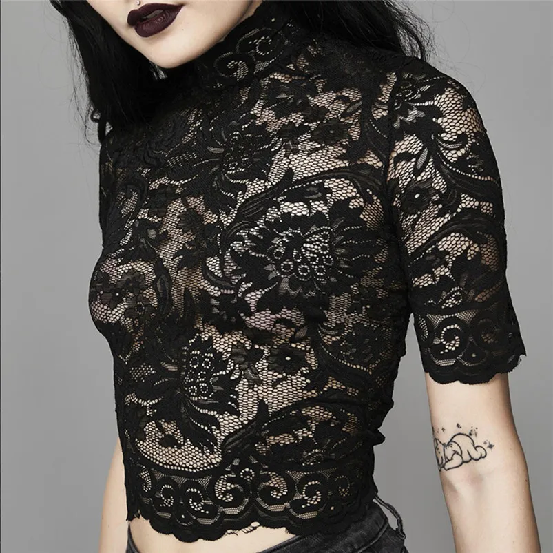 New Beauty Women Gothic Punk Tops Thin Sexy Short Sleeve Perspective Hollow Lace T-shirt Ladies Clothing 35JU28 (15) - 副本