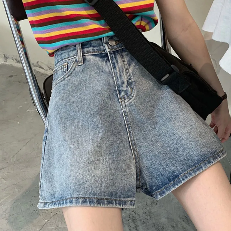 Корейские летние женские шорты А-силуэта Широкие джинсовые шорты женские повседневные винтажные минимализм Высокая Талия Короткие джинсы женская одежда