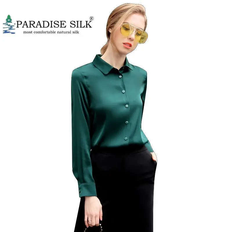 

Womens tshirt 100% Natural Silk Stretch Satin Button Down Formal Long Sleeve Shirt Size L XL XXL XXXL