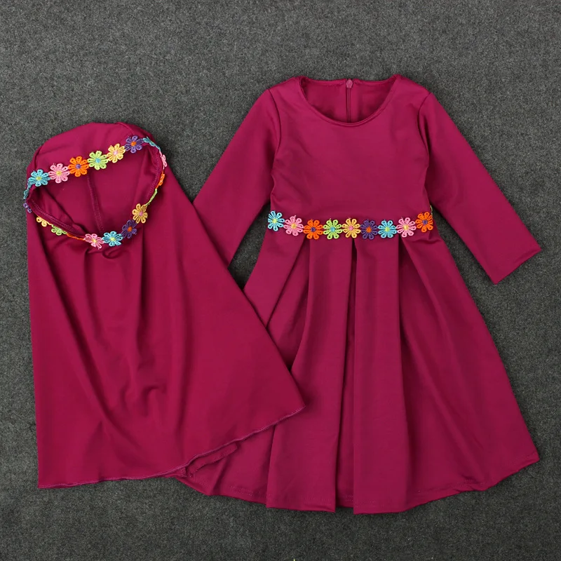 Middle East Hui girl long-sleeved Muslim set dress + headscarf two-piece set of solid Arabic children's  dress