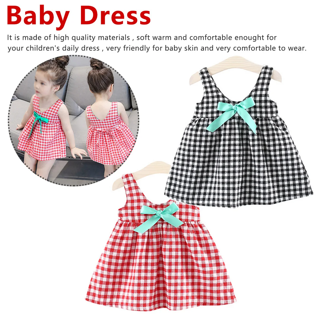 

Baby Girls Dress with big bow floral lattice Printed Kids Clothes for summer Bebe Clothing Infant Tank dress 73-80cm