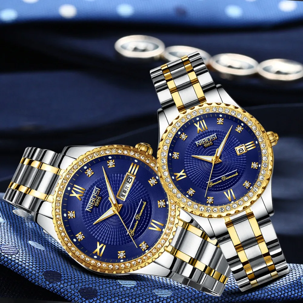 Relógios de Pulso de Quartzo de Cristal de Luxo Amantes da Data Nibosi Casal Relógio Feminino Semana Ouro Azul Montre Femme