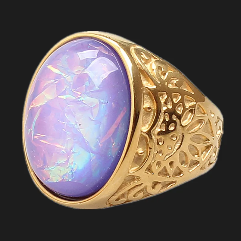 FIVETWOO High Quality 316L Stailess Steel Opal Rings In Gold Color