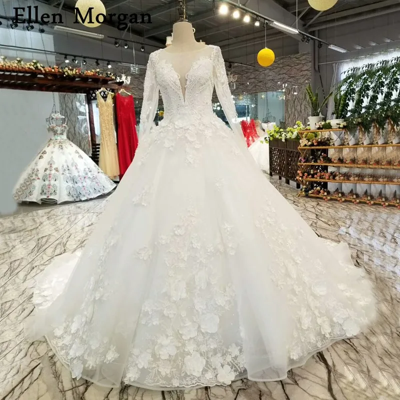 

Elegant Long Sleeves Wedding Dresses for Women Wear Real Photo Beaded Corset Lace up Ivory Backless Ball Gowns Bridal Gowns 2019