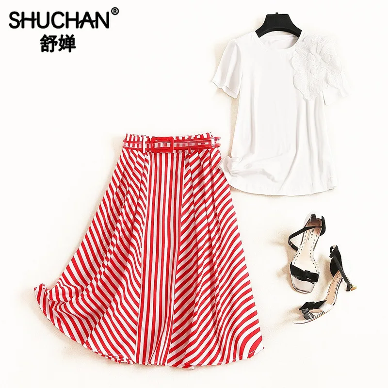 

Shuchan Appliques White T-shirts+striped Skirts To Mid-Calf 2 Piece Set Women Clothing Set for Summer Suit Female 11869